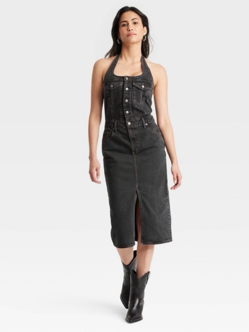 Universal Thread Black Fitted Denim Button-Front Midi Dress - Picture 2 of 3